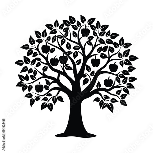 vector of apple tree design, labeled vector art, linocut silhouette illustration.