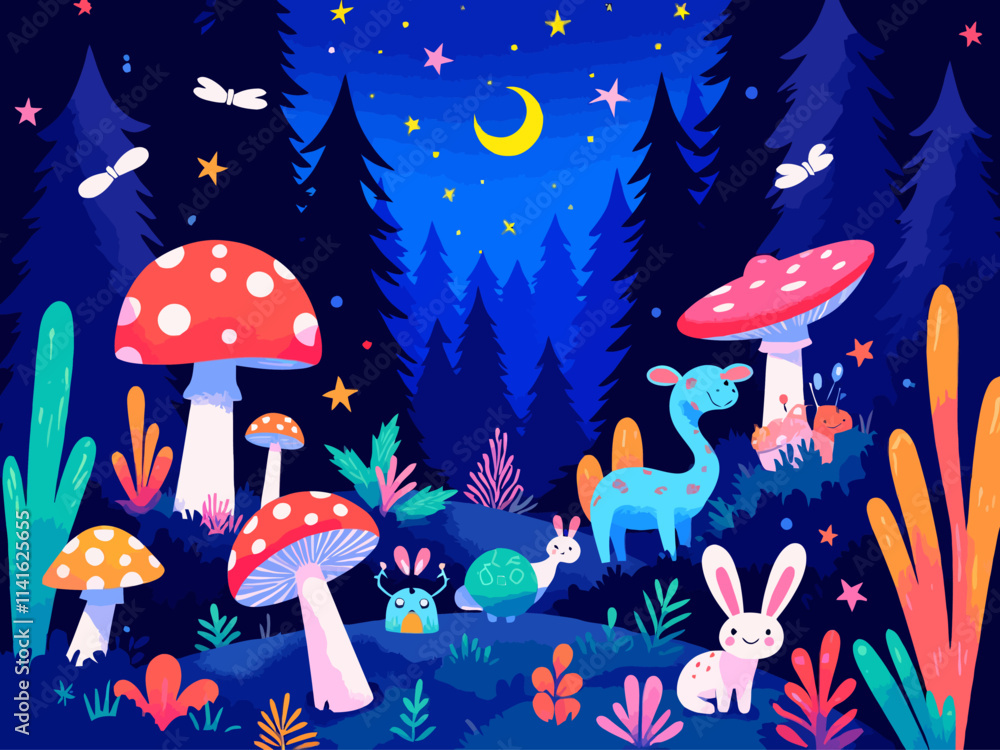 illustration enchanting forest at night with glowing plants and creatures illustration enchanting forest at night with glowing plants and creatures