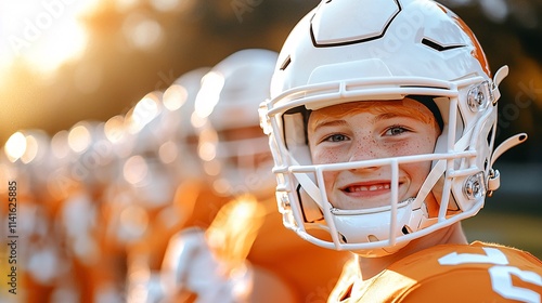 Sport victory championship concept. Young football player in a helmet smiles confidently during practice, with teammates lined up in the background against a sunset.