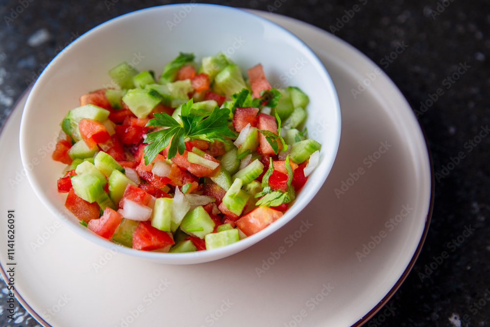 Fresh salad with cucumber, tomato, onion, parsley and olive oil close-up Fresh salad with cucumber, tomato, onion, parsley and olive oil close-up
