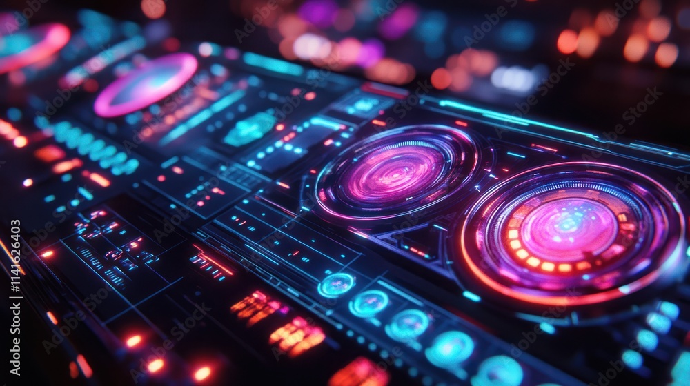 Futuristic DJ console with colorful neon lights. Futuristic DJ console with colorful neon lights.