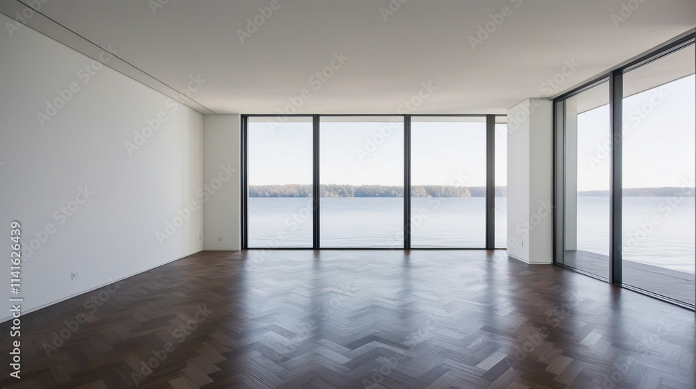 White empty room with parquet in modern apartment. Large windows overlooking the lake and no one inside White empty room with parquet in modern apartment. Large windows overlooking the lake and no one inside