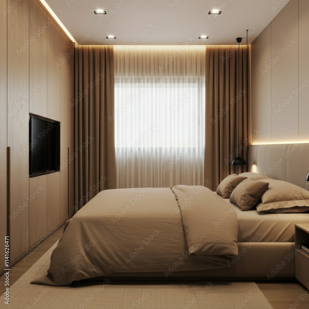 Fototapeta premium Modern Minimalist Bedroom Interior with Ambient Lighting