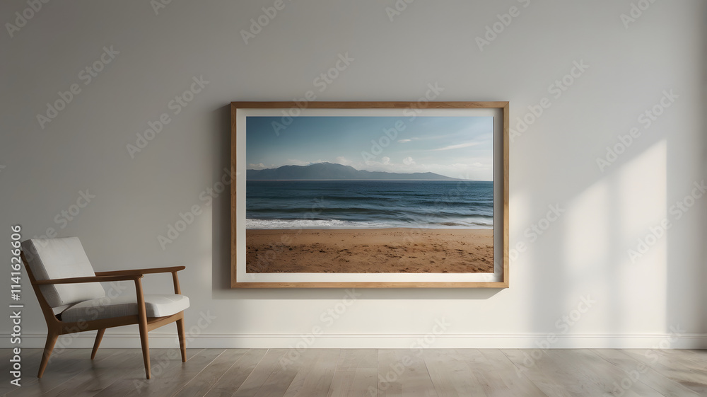 Coastal Escape: A framed photograph of a serene beach scene hangs on a minimalist white wall, evoking tranquility and a sense of escape. The image is framed by a natural wood frame. Coastal Escape: A framed photograph of a serene beach scene hangs on a minimalist white wall, evoking tranquility and a sense of escape. The image is framed by a natural wood frame.