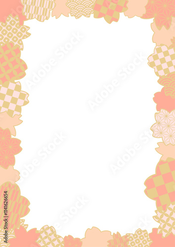 桜と和柄の縦型フレームベクターイラスト素材 金色×ピンク かわいい A判 A4 A3 A5 A版