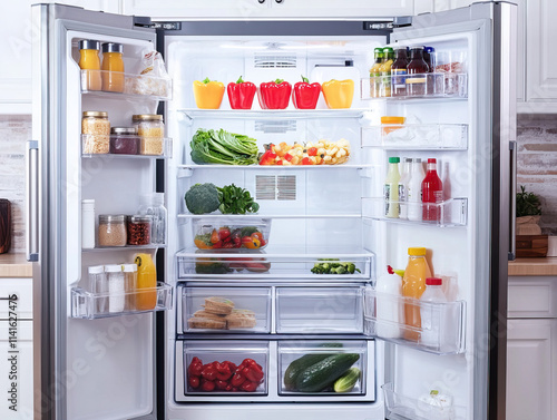 Open fridge filled with fresh vegetables fruits beverages and organized shelves symbolizing cleanliness and healthy living