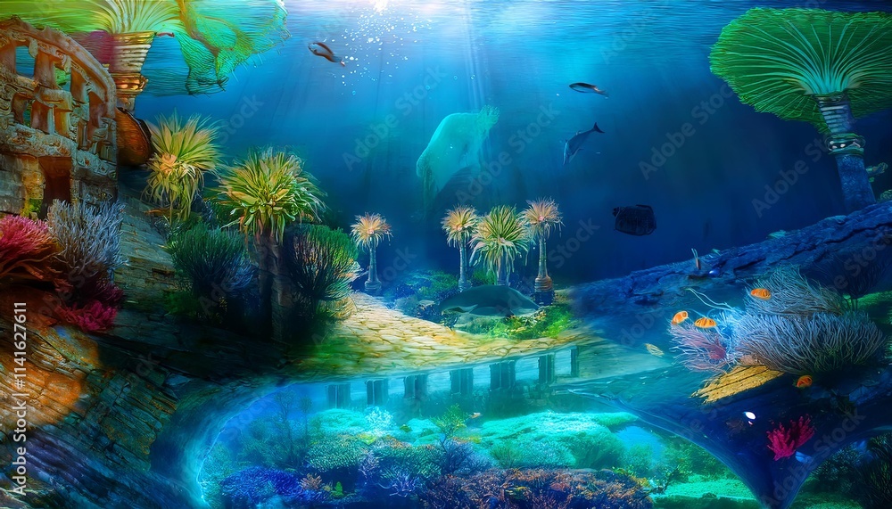 Fototapeta premium Vibrant Underwater Kingdom with Glowing Coral Reefs and Majestic Sea Creatures