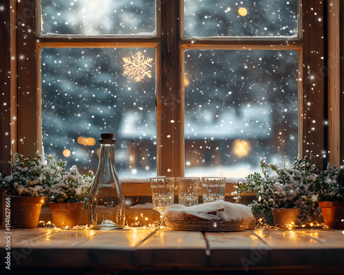 A warm winter interior scene featuring a snowy window, festive decor, and potted plants.