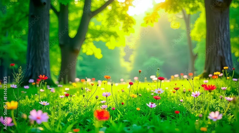 Fototapeta premium Vibrant wildflowers bathed in sunlight, a picturesque meadow scene with lush green grass and towering trees creating a tranquil natural environment.