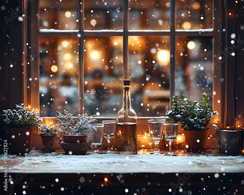 A serene window view with snow falling, featuring plants and a bottle inside.