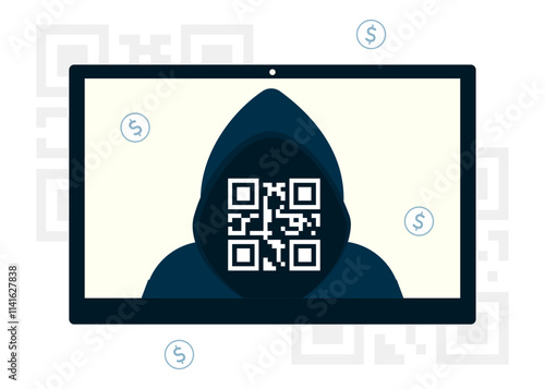 Fake qr code and scammer on the tablet screen.  Phishing fraud concept. Online crime warning. Financial scam. Flat vector poster, banner.