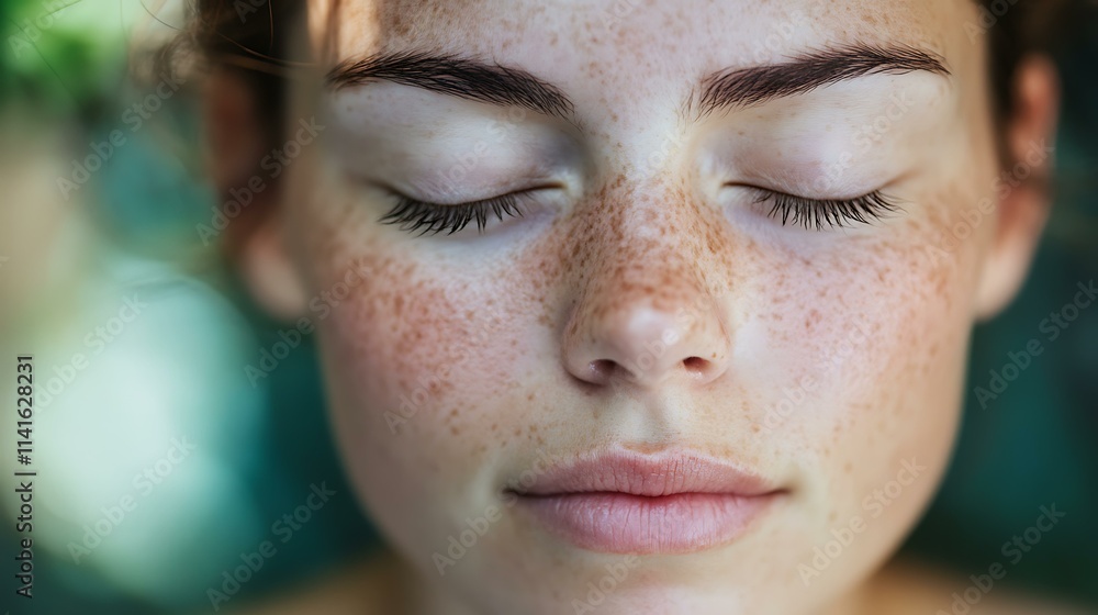 A close-up of a person’s face with closed eyes, meditating peacefully in a calm and natural setting A close-up of a person’s face with closed eyes, meditating peacefully in a calm and natural setting