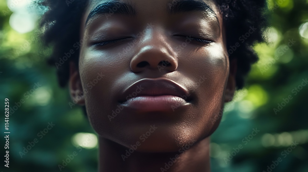 A close-up of a person’s face with closed eyes, meditating peacefully in a calm and natural setting A close-up of a person’s face with closed eyes, meditating peacefully in a calm and natural setting