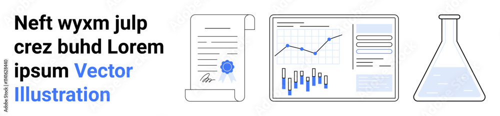 Business document, statistical chart with graphs, and laboratory flask. Ideal for business analysis, data presentation, scientific research, financial review, academic work, technological Business document, statistical chart with graphs, and laboratory flask. Ideal for business analysis, data presentation, scientific research, financial review, academic work, technological