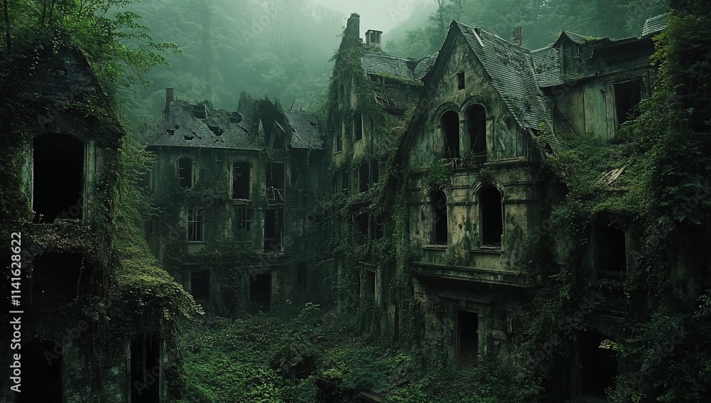 Overgrown, ruined buildings shrouded in mist. Overgrown, ruined buildings shrouded in mist.