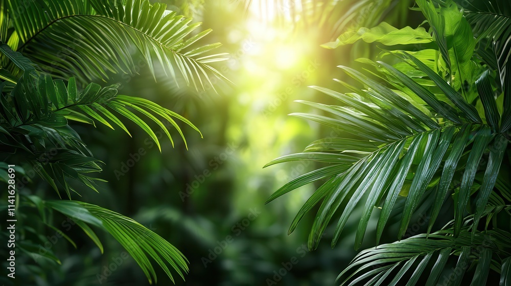 Obraz premium Close-up view of tropical palm trees with sunlight streaming through the leaves