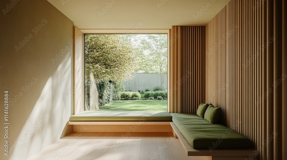 Fototapeta premium Minimalist interior with large window showcasing a garden. Sunlight streams into a peaceful room featuring a wooden bench seat with olive green cushions, a light beige wall, and wooden paneling.