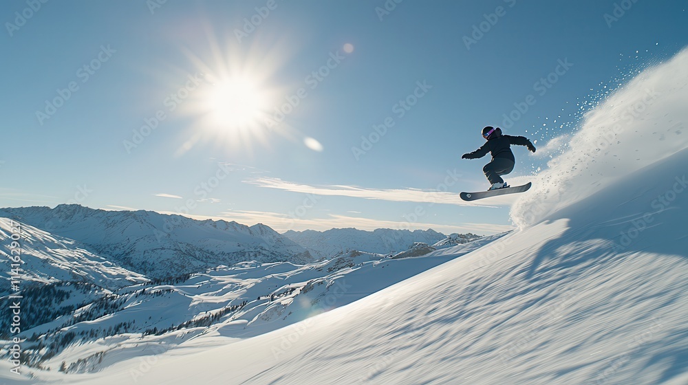 Extreme snowboarding moment with a rider soaring through the air under a sunny sky Extreme snowboarding moment with a rider soaring through the air under a sunny sky