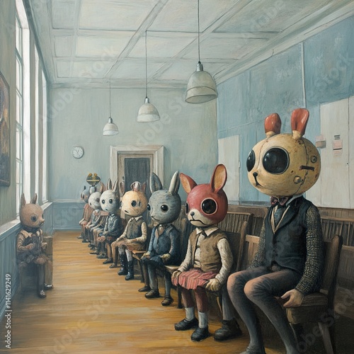 Surreal Animal Children in Classroom Waiting Room photo