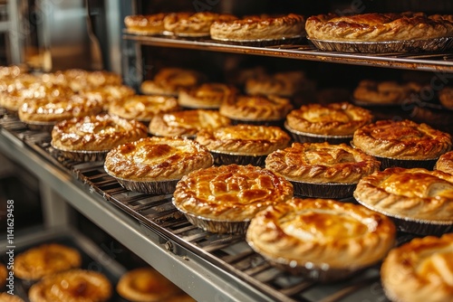 Lifestyle reportage photography of a pie and pastry wholesale bakery factory, finished meat pies that have finished baking in industrial oven 