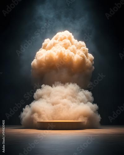 Dramatic explosion erupting from podium studio setting visual art dark environment close-up perspective impactful concept