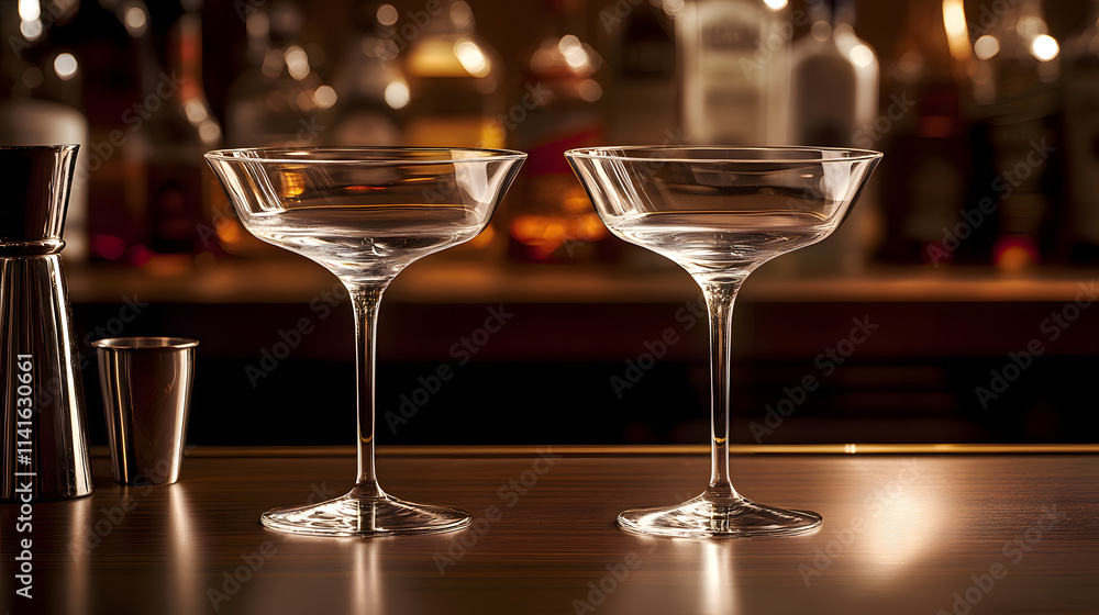 Empty Coupe Glasses on Bar Counter Empty Coupe Glasses on Bar Counter