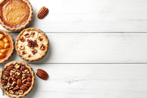 Mixed homemade autumn pies. Pumpkin, apple and pecan. Overhead view top border on a white wood background with copy space. 