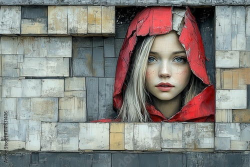 A young Caucasian female with striking blue eyes peeks out from a textured wall, wearing a vibrant red hooded cloak. A captivating visual. photo