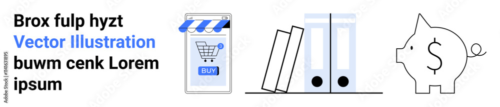 Shopping cart on a store sign, two binders, and a piggy bank with a dollar sign. Ideal for e-commerce, finance, office supplies, online stores, accounting, business presentations, education. Landing Shopping cart on a store sign, two binders, and a piggy bank with a dollar sign. Ideal for e-commerce, finance, office supplies, online stores, accounting, business presentations, education. Landing
