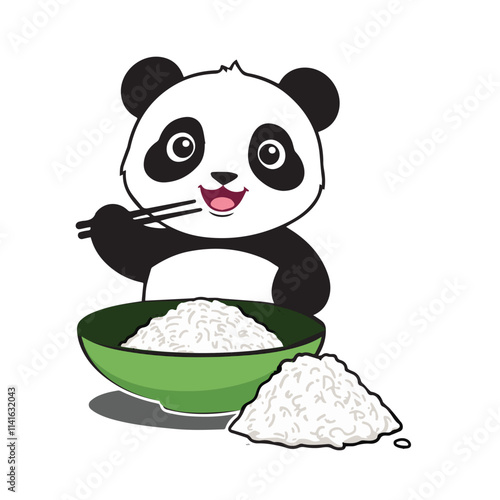 A cute panda cub is happily eating rice from a green bowl. It is holding chopsticks and has a big smile on its face. There is also a small pile of rice spilled next to the bowl.
