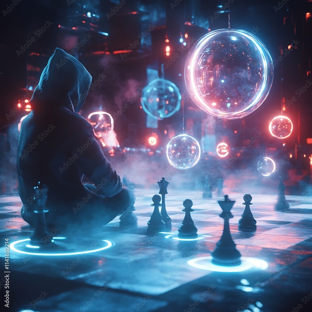 Fototapeta premium Futuristic Chess Game in Surreal Glowing Spherical Realm