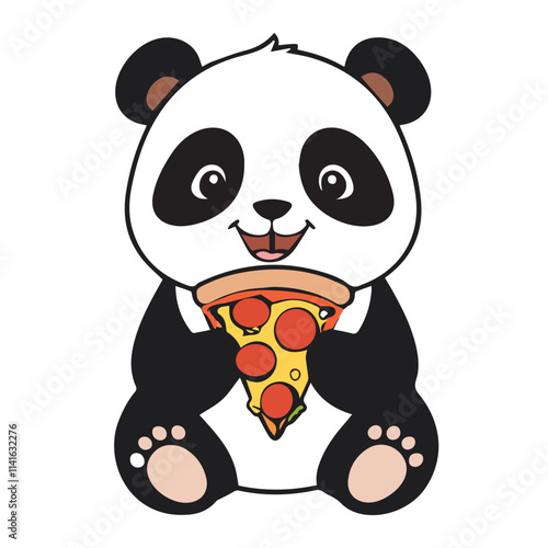 A Cute happy panda eats pizza, vector illustration, sticke