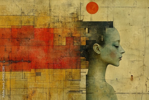 A serene portrait of a young woman with a stylized, geometric background in warm tones, embodying a blend of art and technology.