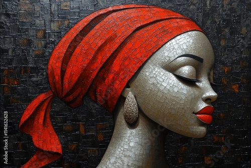A striking profile of a Black woman adorned with a vibrant red headscarf and bold lips, showcasing beauty and elegance.