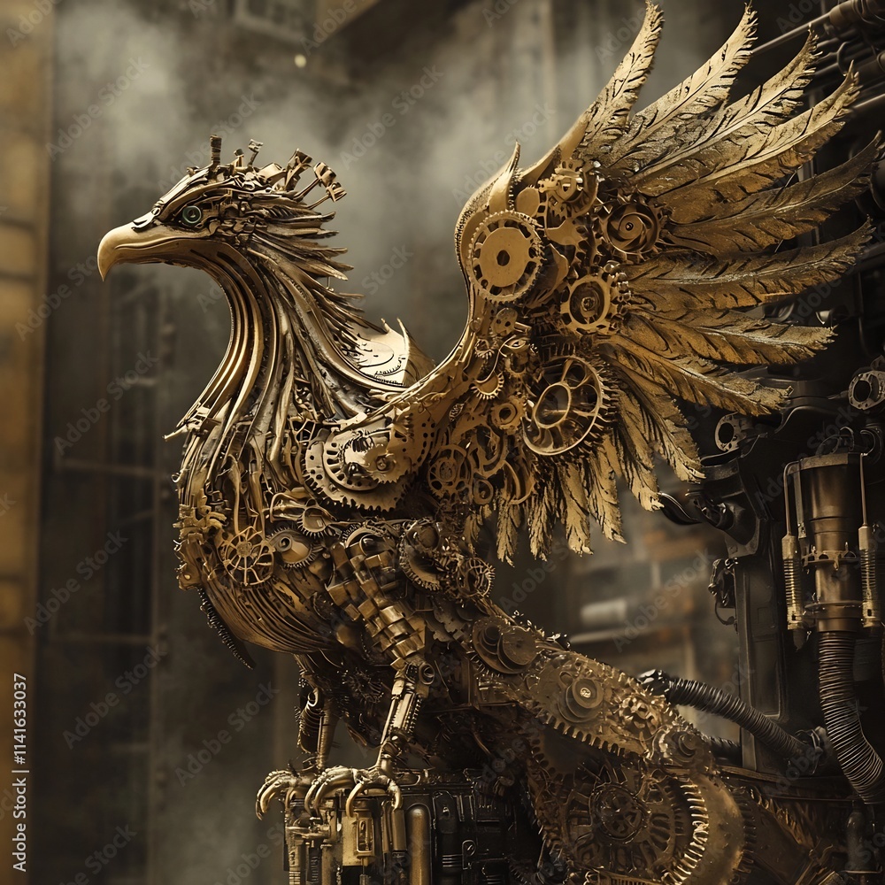 Mythical Mechanical Avian Creature in Ornate Steampunk Style Mythical Mechanical Avian Creature in Ornate Steampunk Style