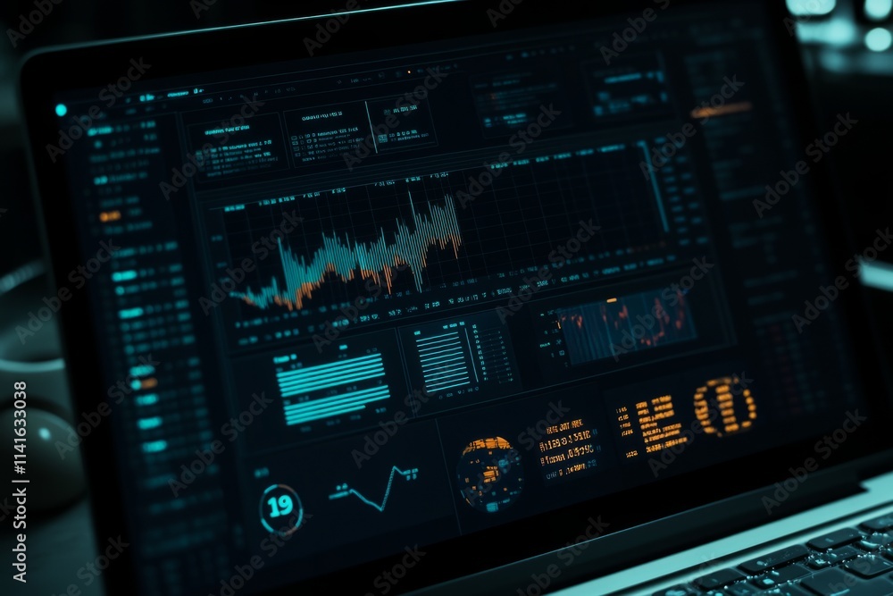 Dynamic data visualization displayed on a modern laptop screen. This image showcases analytics in real time. Explore the digital frontier of information technology. Generative AI Dynamic data visualization displayed on a modern laptop screen. This image showcases analytics in real time. Explore the digital frontier of information technology. Generative AI