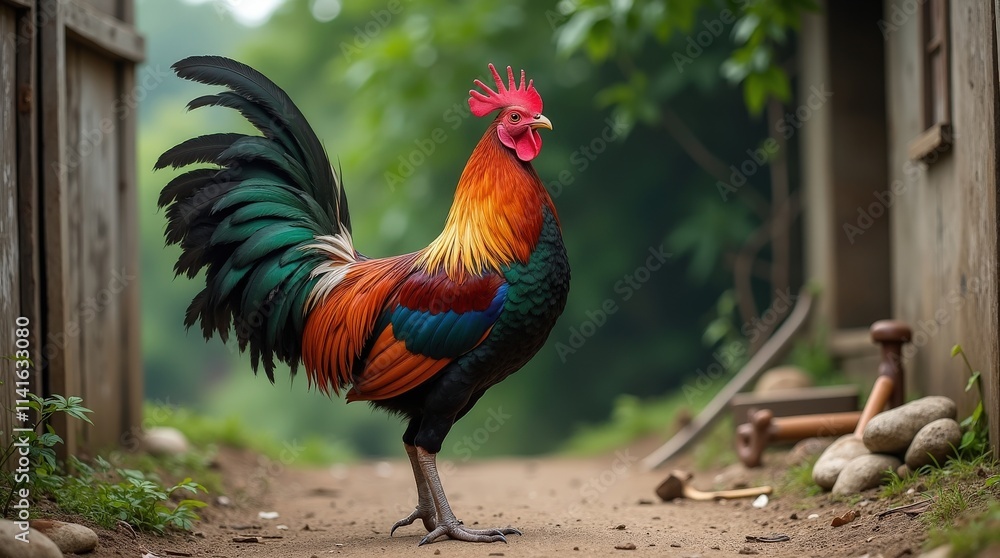 Vibrant Rooster Standing in a Serene Rural Farmyard Vibrant Rooster Standing in a Serene Rural Farmyard