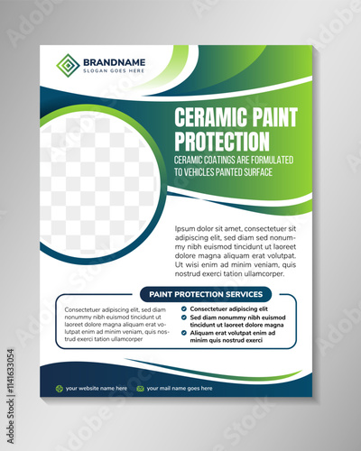 collection design of ceramic paint protection flyer banner template. vertical layout with space for text and photo collage. white background with green blue gradient on elements. modern fresh design.