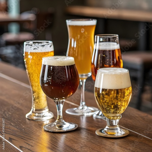 Variety of Beers in Different Glasses on a Wooden Bar