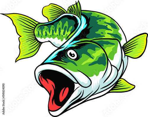Green Big Bass Fish in cartoon character illustration