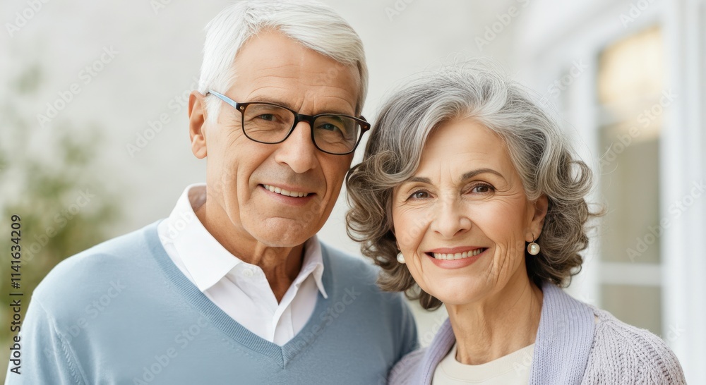 Joyful elderly caucasian couple embracing retirement in serene outdoor setting