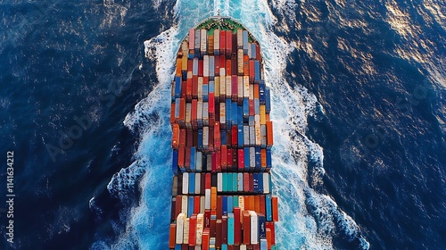 Large cargo transportation ship aerial view in deep waters, colorful cargos and boxes on the ship delivering to destination photo