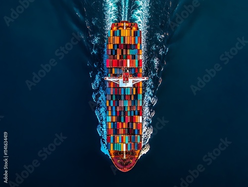 Large cargo transportation ship aerial view in deep waters, colorful cargos and boxes on the ship delivering to destination photo