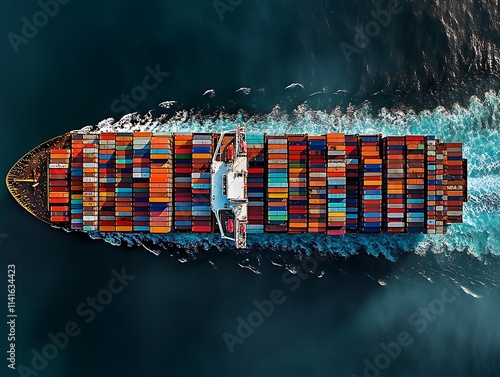 Large cargo transportation ship aerial view in deep waters, colorful cargos and boxes on the ship delivering to destination photo