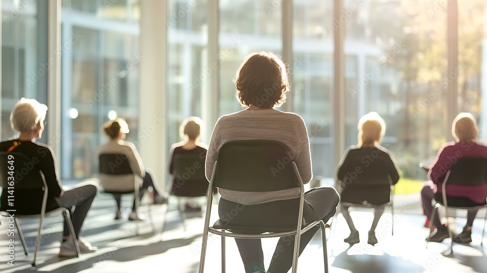 A group of seniors performing chair exercises in a light-filled fitness center with an encouraging instructor A group of seniors performing chair exercises in a light-filled fitness center with an encouraging instructor