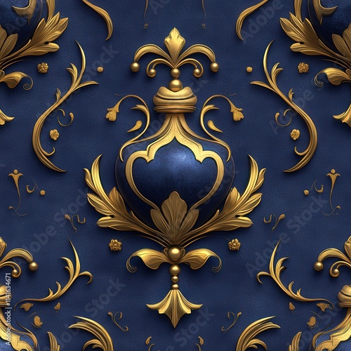 Elegant blue and gold ornamental pattern featuring intricate floral designs and classical motifs.