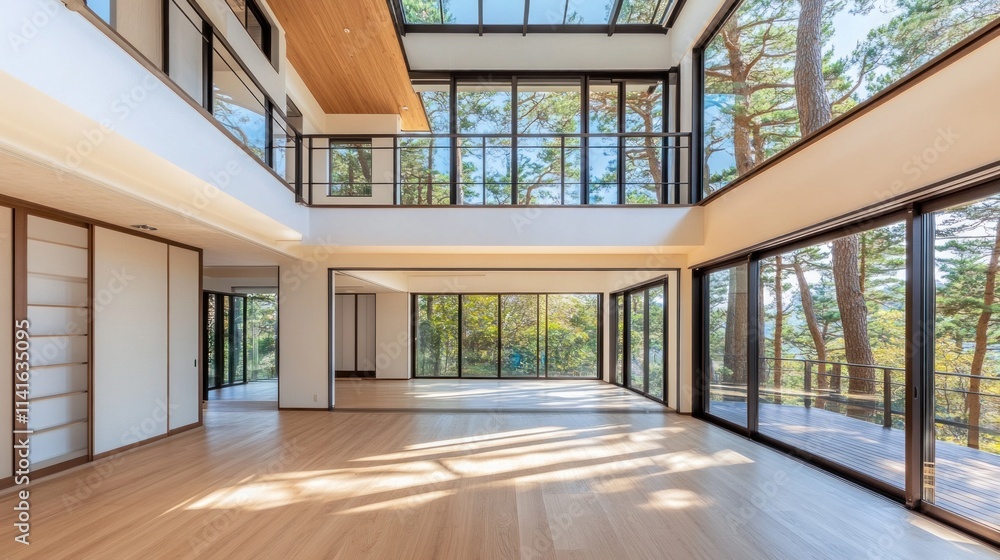 Spacious, modern, empty, bright, contemporary, Japanese-style home interior with large windows, showcasing panoramic forest views. Open floor plan, wooden floors, sliding doors. Sunlight streams in. Spacious, modern, empty, bright, contemporary, Japanese-style home interior with large windows, showcasing panoramic forest views. Open floor plan, wooden floors, sliding doors. Sunlight streams in.