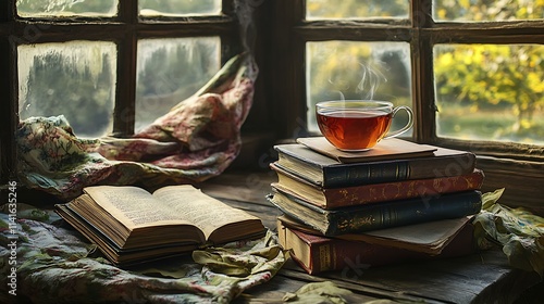 A stack of books, a cup of herbal tea, and a journal placed on a rustic table by an open window