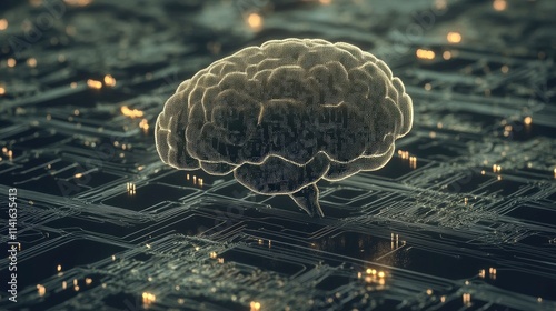 Abstract depiction of a luminous digital brain within a cybernetic network, symbolizing artificial intelligence, technology, and advanced data analysis through modern, futuristic aesthetic visuals.