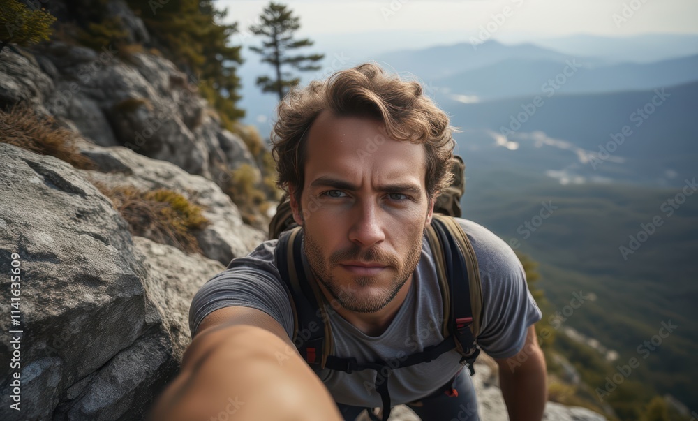 Focused male hiker on a rocky mountain trail Focused male hiker on a rocky mountain trail